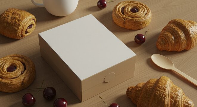 Bakery Goods Display on Wooden Table with Empty Box