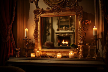 A gilded mirror frame reflecting candlelight in a lavish room