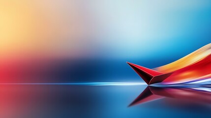 A vibrant abstract image showcasing a paper boat gliding across a smooth surface, blending rich colors of orange, blue, and red. Ideal for creative projects and design inspiration.