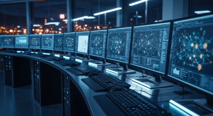 Modern Control Room with Curved Desk and Multiple Computer Monitors Displaying Data Visualizations