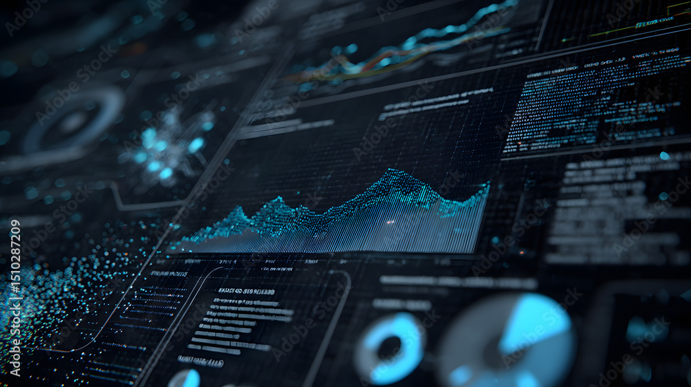 Poster futuristic data display: dive into a high-tech interface, alive with dynamic charts, graphs, and int