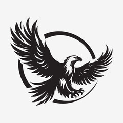 Fototapeta premium A stylized black and white illustration of an eagle in flight within a circular frame design