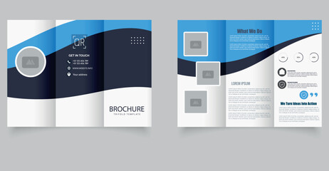 Clean and modern trifold brochure template featuring a blue wave design, placeholders for images, and minimal layout. Ideal for business, marketing, and corporate branding purposes
