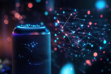 Intelligent Voice: Futuristic device, surrounded by a glowing network of connected points, representing modern tech integration, capturing innovation in an artful way.