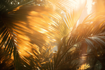 Golden hour sunlight streaming through palm fronds 