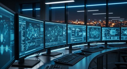 Multiple computer monitors displaying data in a high tech control room with a night city view