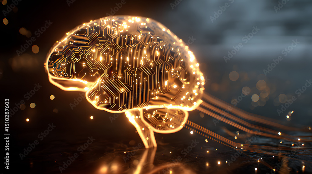 Poster illuminated intellect: a luminous representation of the human brain, glowing with interconnected cir