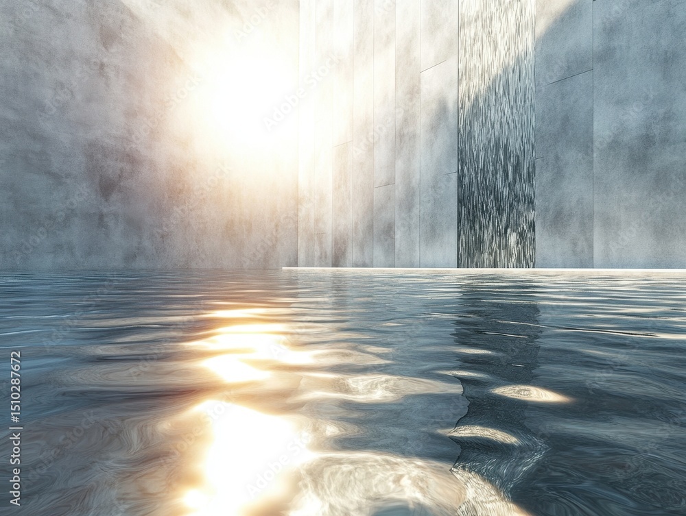 Poster serene water oasis: an abstract digital render of a tranquil water feature in a minimalist setting. 