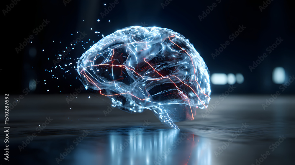 Poster neural network: abstract digital representation of a human brain, glowing with light and intricate n