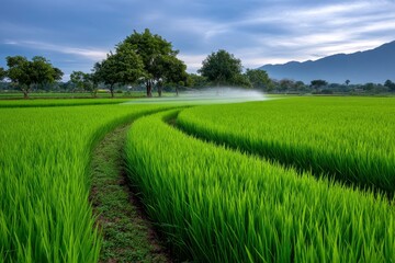 Obraz premium Lush green rice paddy fields stretch toward hazy mountains under a blue sky, trees and irrigation