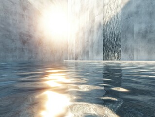 Serene Water Oasis: An abstract digital render of a tranquil water feature in a minimalist setting. The interplay of light and shadow creates a reflective, calm, and modern atmosphere. 
