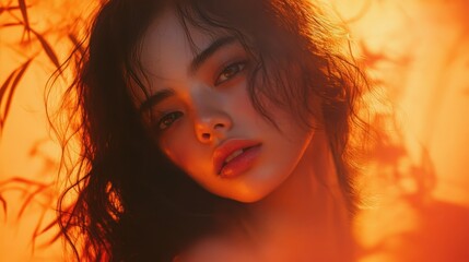 Radiant Beauty: Captivating portrait of a woman with long, flowing hair, bathed in warm, golden sunlight creating an aura of natural beauty.