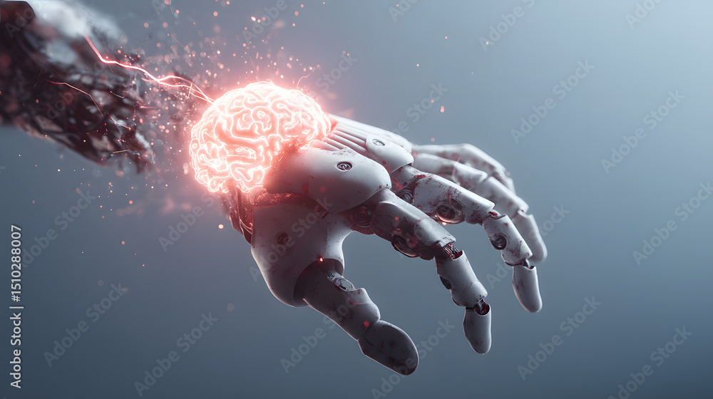 Aufkleber cybernetic intelligence: a robotic hand emanates glowing energy from a brain, symbolizing technologi