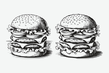 big burger, hamburger hand drawn vector illustration sketch retro style