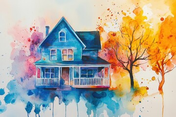 Colorful Dream House: A charming teal house with a wraparound porch sits nestled beside a vibrant autumn tree, all rendered in a watercolor style with splashes of color.