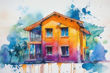 Watercolor Dream Home: A vibrant watercolor illustration of a charming house, rendered with rich hues and artistic flair, creating a sense of warmth and aspiration.