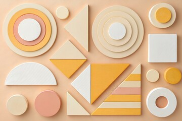 Minimalistic flat lay of colorful geometric wooden shapes arranged on a soft pastel background in a visually pleasing, modern composition for design and decor concepts