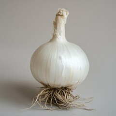 Garlic Bulb: A close-up shot showcases a fresh, organic garlic bulb, displaying its pristine white papery skin and intricate root system, a testament to natural freshness and culinary potential.