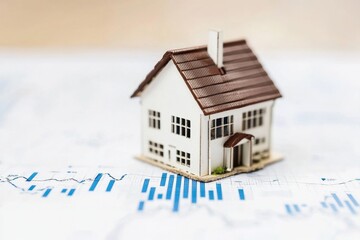 Real Estate Dreams: A miniature home rests atop a detailed graph, symbolizing the aspiration of property ownership, investment, and the intricacies of the real estate market.