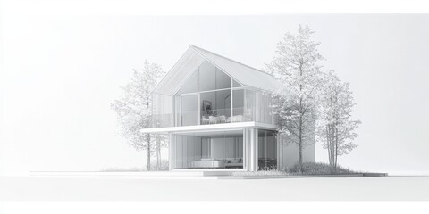 Elegant Architecture in Serenity: A serene modern house with clean lines and expansive glass, exuding minimalism and tranquility. Nestled among minimalistic trees.