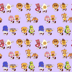 Seamless pattern featuring groovy retro cartoon breakfast characters in fun food duos