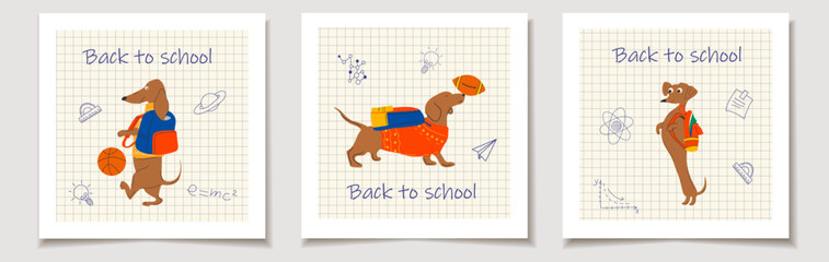 Charming Dachshunds Dressed for School . Greeting Card Series.