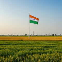 Indian Flag Waving Proudly Over Lush Golden Wheat Fields Under a Clear Blue Sky