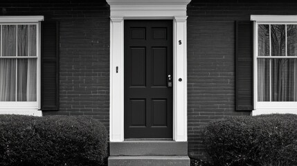 Black and White House Entrance: A classic black front door, framed by crisp white trim and flanked by symmetrical windows, welcomes visitors to a brick home, captured in a monochrome aesthetic.  