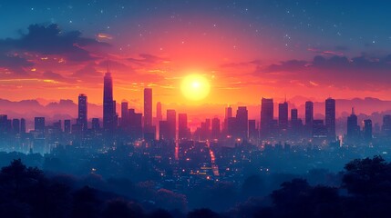 Fototapeta premium Beautiful sunset over a metropolitan city skyline with glowing golden sunlight and stars in the sky.