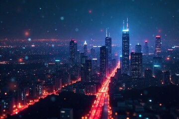 Fototapeta premium A futuristic cityscape at night, interconnected nodes pulsing with light, symbolizing a global revolutionary network of information and communication , structure, design