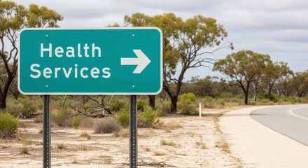 Teal road sign pointing to Health Services on a curving road in a dry landscape.