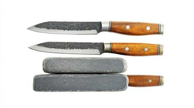 Two kitchen knives with wooden handles and sharpening stones