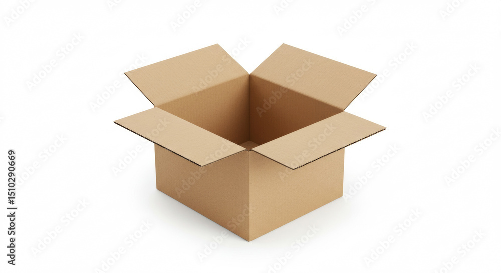 Poster empty cardboard box open for shipping/receiving in a generic, neutral setting. empty box lies flat o