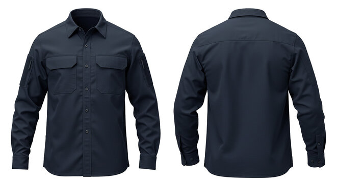 Detailed Front and Back View Long Sleeve Blue Work Shirt Apparel