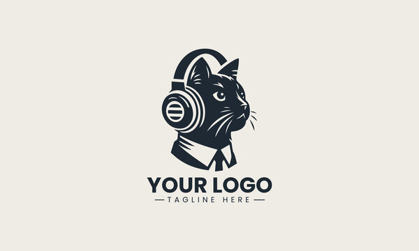 Cool black silhouette of a relaxed cat wearing modern over-ear headphones vector logo design