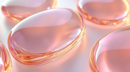 Transparent gel capsules with soft pink hue scattered on a light background in a clean and modern setting