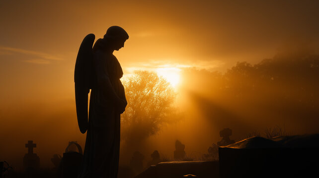 Dramatic misty graveyard sunrise with strong golden rays behind a tall angel statue, serene farewell theme, cinematic silhouette photo