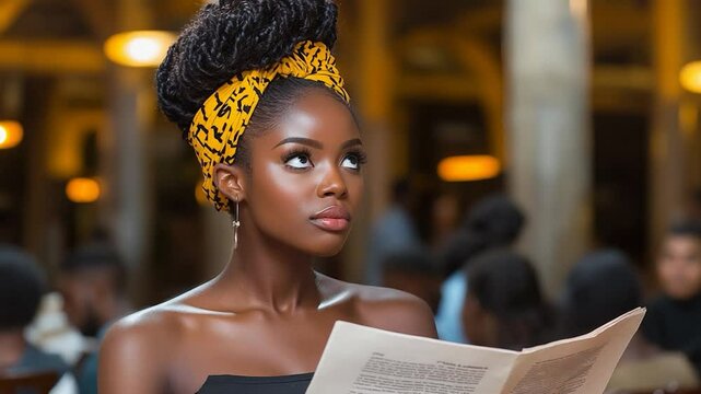 Stunning African Woman Reading a Newspaper in a Cafe