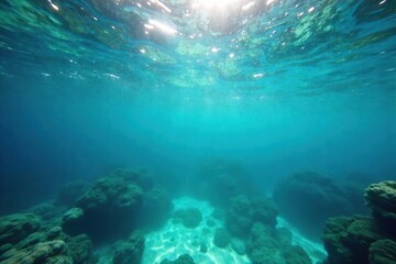 Fototapeta premium Vibrant hues of blue, green, and teal subtly blend beneath the water's surface, creating an ethereal, underwater dreamscape Perfect for abstract art, design, and environmental themes , depth, light