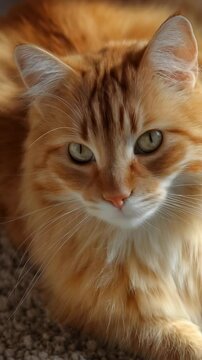 Close up portrait of a fluffy orange cat looking at the camera with green eyes laying on a light carpet, focus on the face.