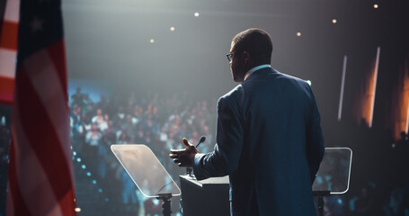 Political Speaker at a Government Election Rally. Black Male Candidate Waving to Supporters,...