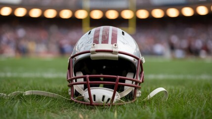 American football helmet lying on green field with cleat marks, ready for next play. Sports equipment, athletic competition, team spirit and determination in professional game.