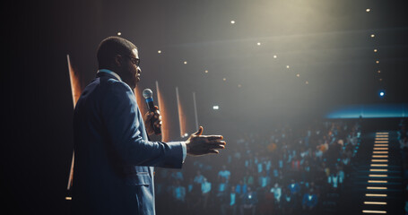 African Businessman Speaking at a Global Economic Strategies at International Business Conference....