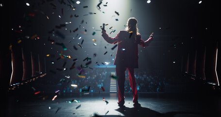 Celebrity Public Speaker Entering an Event Stage with a Bang. Colorful Glittering Confetti Falling...