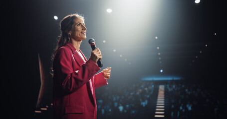 Portrait of a Caucasian Speaker Coaching Specialists During a Presentation at a Business and Technology Conference. Female Talking About Her Personal Growth Story, Career Path and Opportunities 