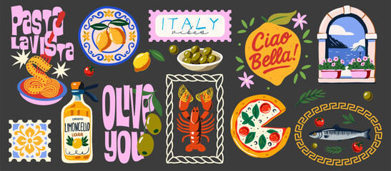 Italy aesthetic clipart set – pasta, pizza, olives, limoncello, lobster, Ciao Bella, Italian window, ceramic tiles, retro typography – colorful Mediterranean illustrations.
