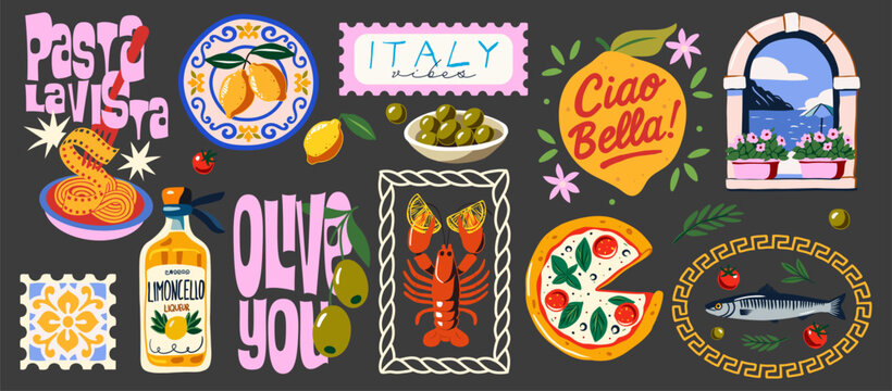 Italy aesthetic clipart set – pasta, pizza, olives, limoncello, lobster, Ciao Bella, Italian window, ceramic tiles, retro typography – colorful Mediterranean illustrations.