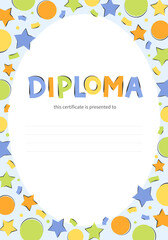 Diploma for children. Bright diploma for kindergarten and primary school students. The background is decorated with colorful geometric shapes. Vector illustration
