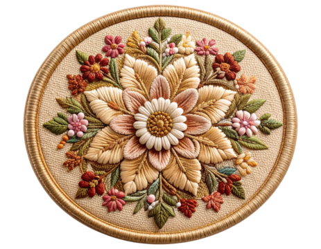 Vintage Rounded Embroidered Patch with Floral Motif and Thread Texture, isolated on a transparent background