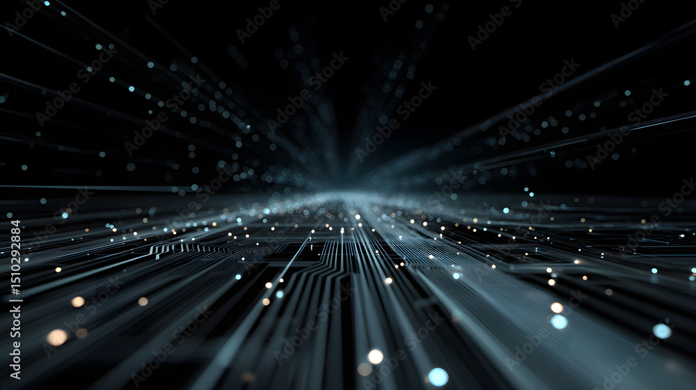 Poster digital circuitry: a mesmerizing visual of a digital circuit board, with lines of code, dots of data